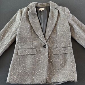 Loft  Herringbone Blazer charcoal gray and gold accents  worn once !